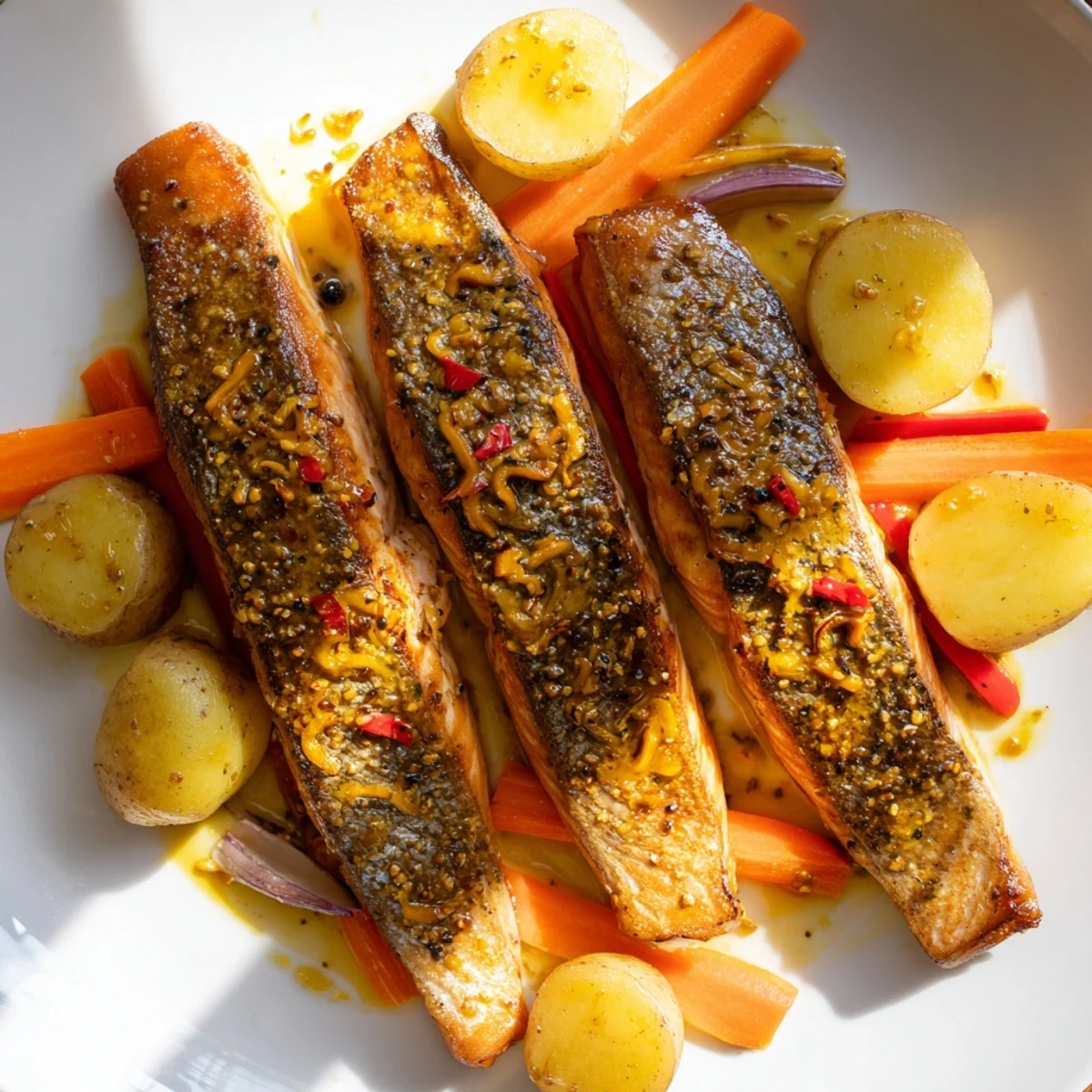 Golden-brown One-Tray Baked Salmon with Honey Mustard Sauce, served with colorful roasted vegetables.