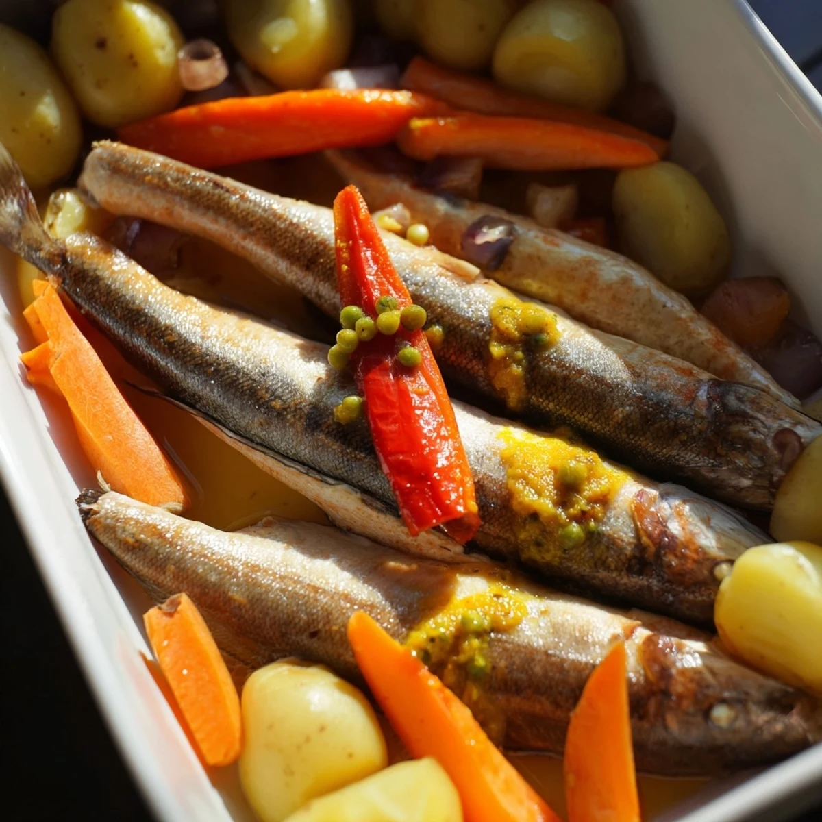 Delicious One-Tray Baked Salmon: Flaky salmon glazed with honey mustard, pictured with roasted carrots and potatoes.