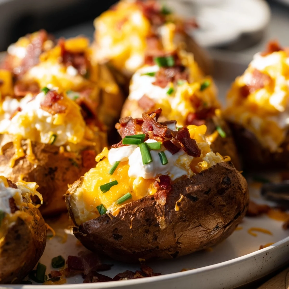 Golden, crispy Air-Fryer Potato Skins overflowing with melted cheddar, bacon, and cool sour cream.