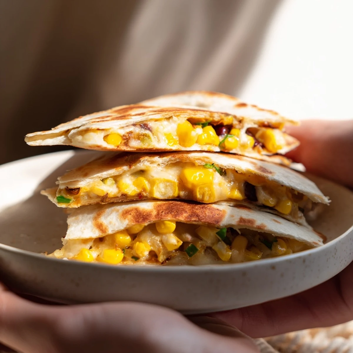 Golden, cheesy Quick Black Bean and Corn Quesadillas, folded over with a savory filling, ready to serve.