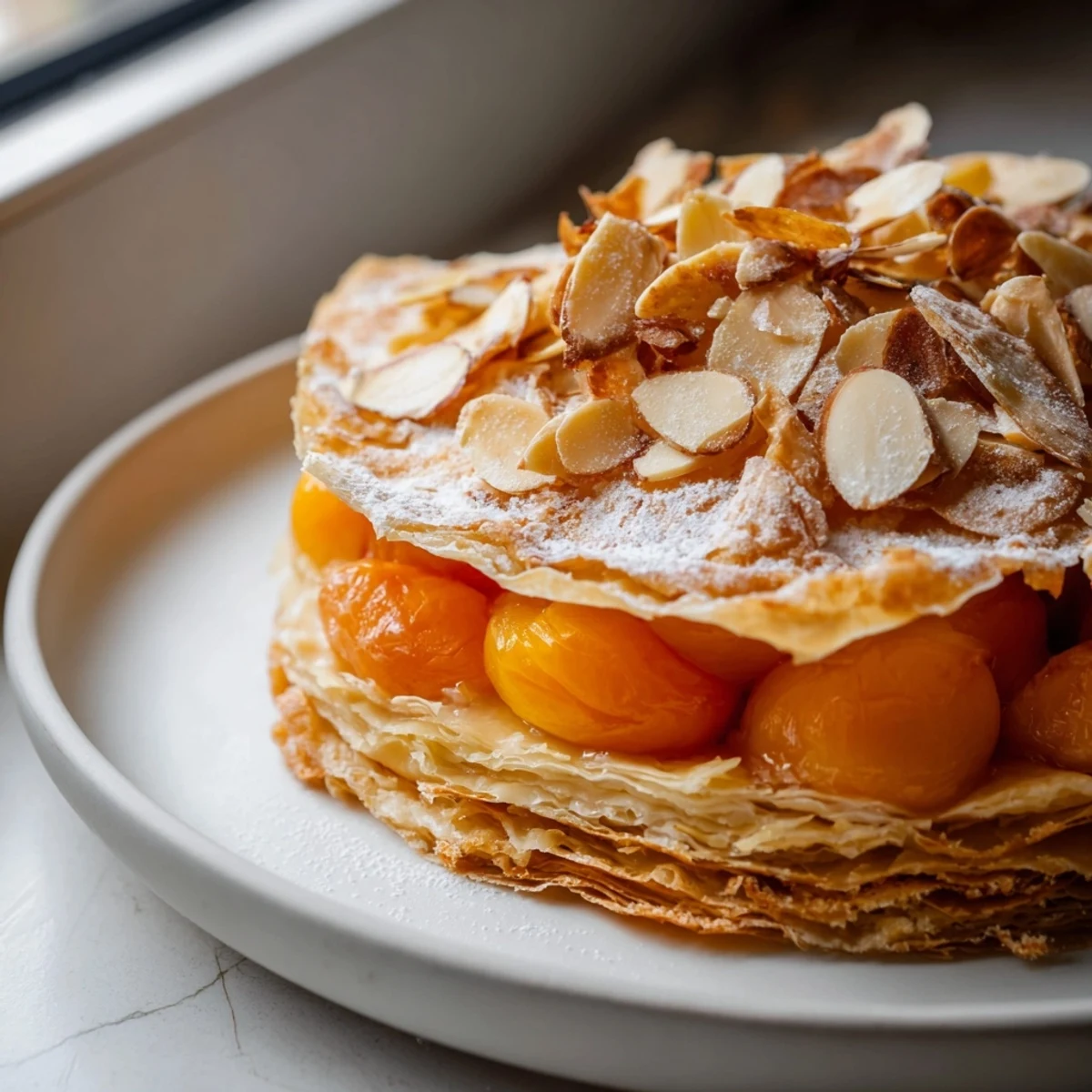 Rustic Peach and Almond Tart: A close-up of the warm, golden tart with sliced peaches and a flaky crust.
