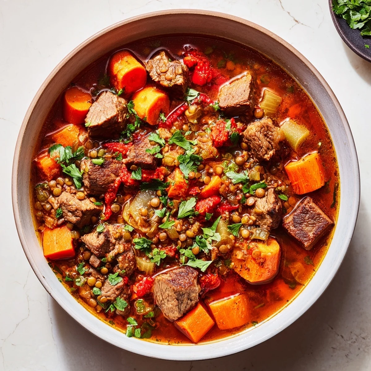 Hearty One-Pot Spicy Beef and Lentil Soup, a comforting and flavorful stew ready for serving.