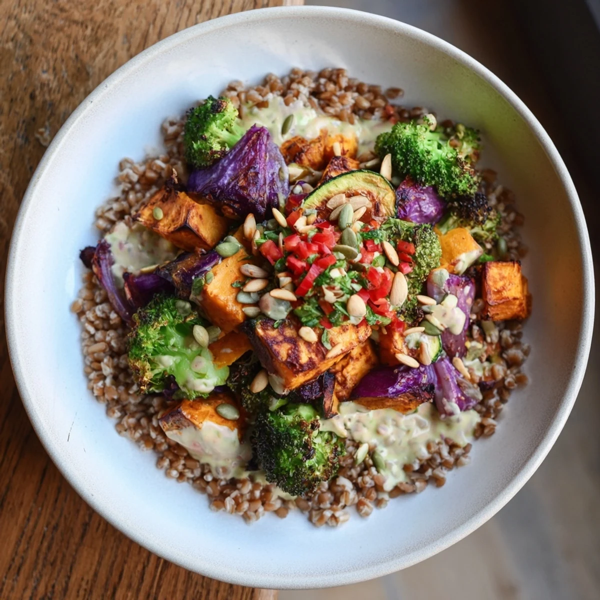 A vibrant bowl of Hearty Roasted Vegetable and Farro Grain Bowl, complete with a creamy tahini dressing.