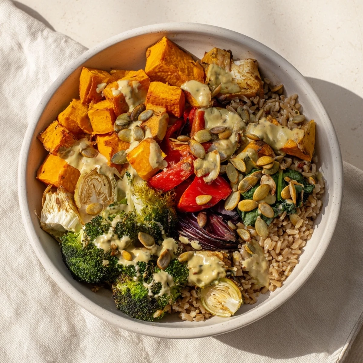 Enjoy this hearty and healthy Hearty Roasted Vegetable and Farro Grain Bowl, perfect for a filling vegetarian meal.