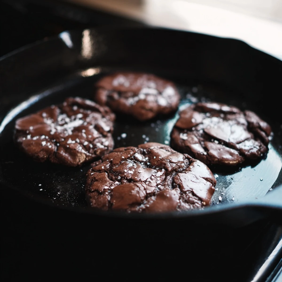 Warm chocolate chunk skillet cookie, a bubbly, golden delight with melting chocolate, perfect dessert.