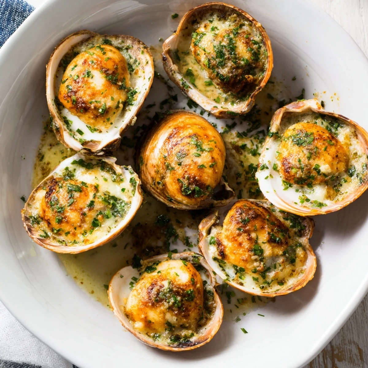 Golden-brown pan-seared scallops glistening with garlic butter alongside fresh parsley, ready to eat.