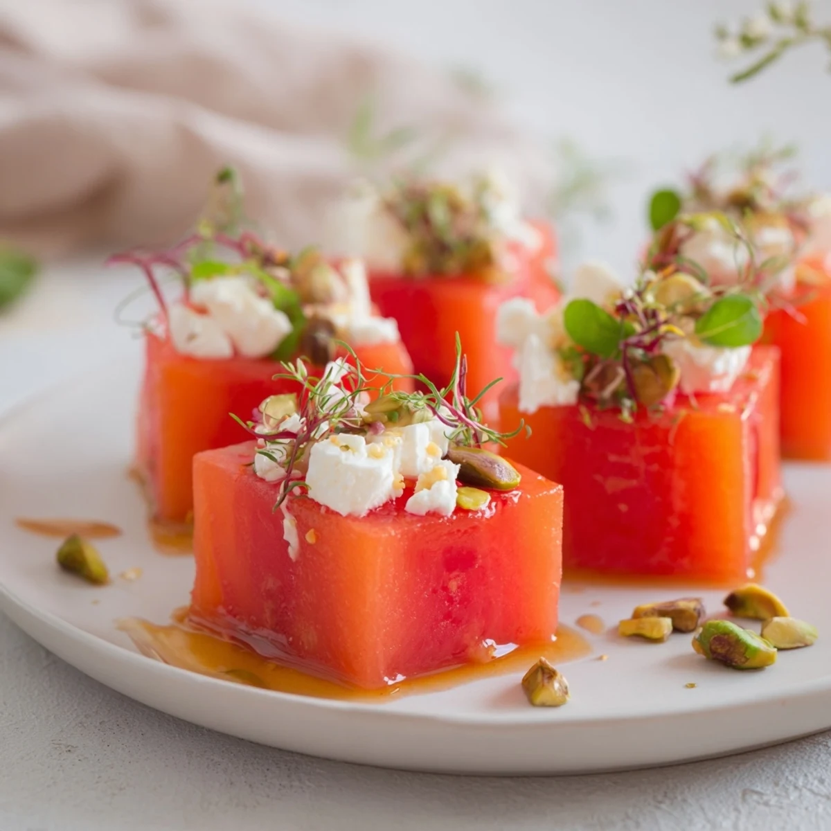 Beautiful Fresh Watermelon and Feta Salad, drizzled with balsamic glaze, a perfect summer dish.