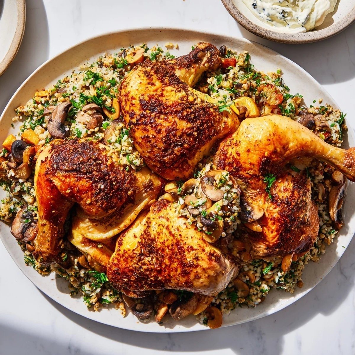 Golden-brown All-in-One Pan Creamy Chicken and Wild Rice, ready to serve with Parmesan cheese.