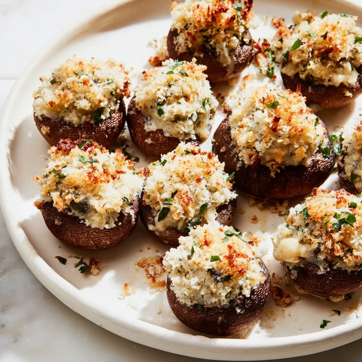 Golden, crusty tops of Creamy Spinach and Artichoke Stuffed Mushrooms beckon—a savory appetizer delight.
