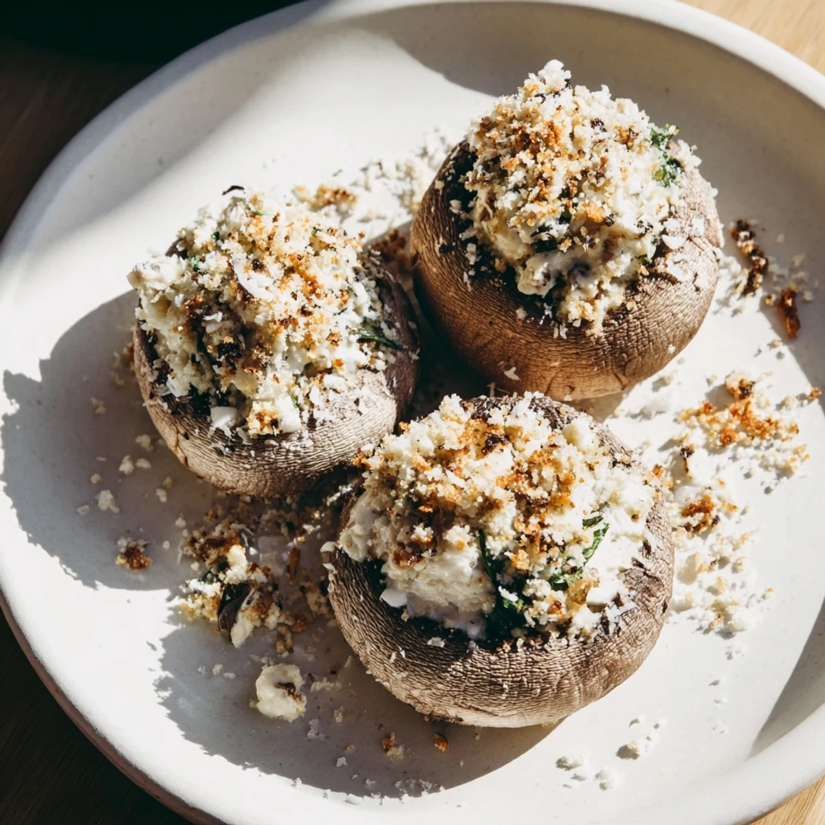 Baked Creamy Spinach and Artichoke Stuffed Mushrooms: A close-up shows melted cheese bubbling atop tender mushroom caps.