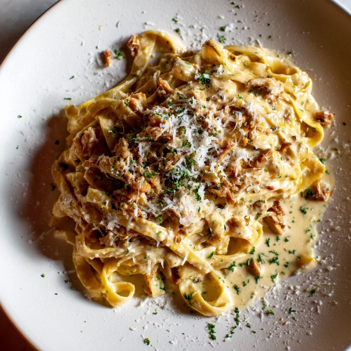 This 20-Minute Creamy Alfredo Pasta features perfectly coated fettuccine, ready to enjoy with fresh parsley.