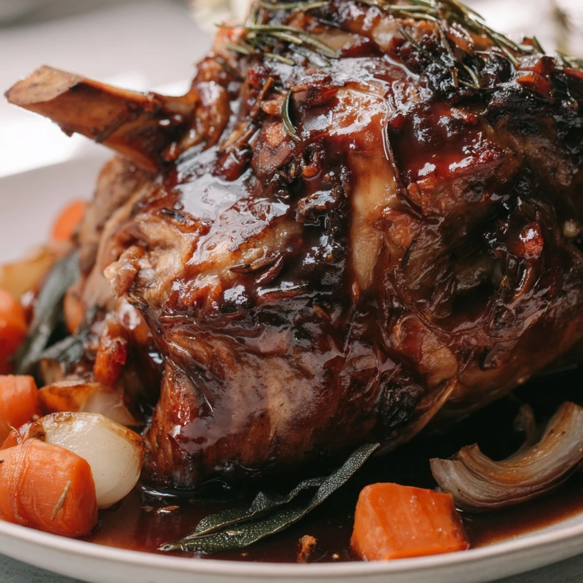 Tender Slow-Roasted Lamb Shanks, glistening with rich gravy and herbs, ready to serve alongside creamy sides.