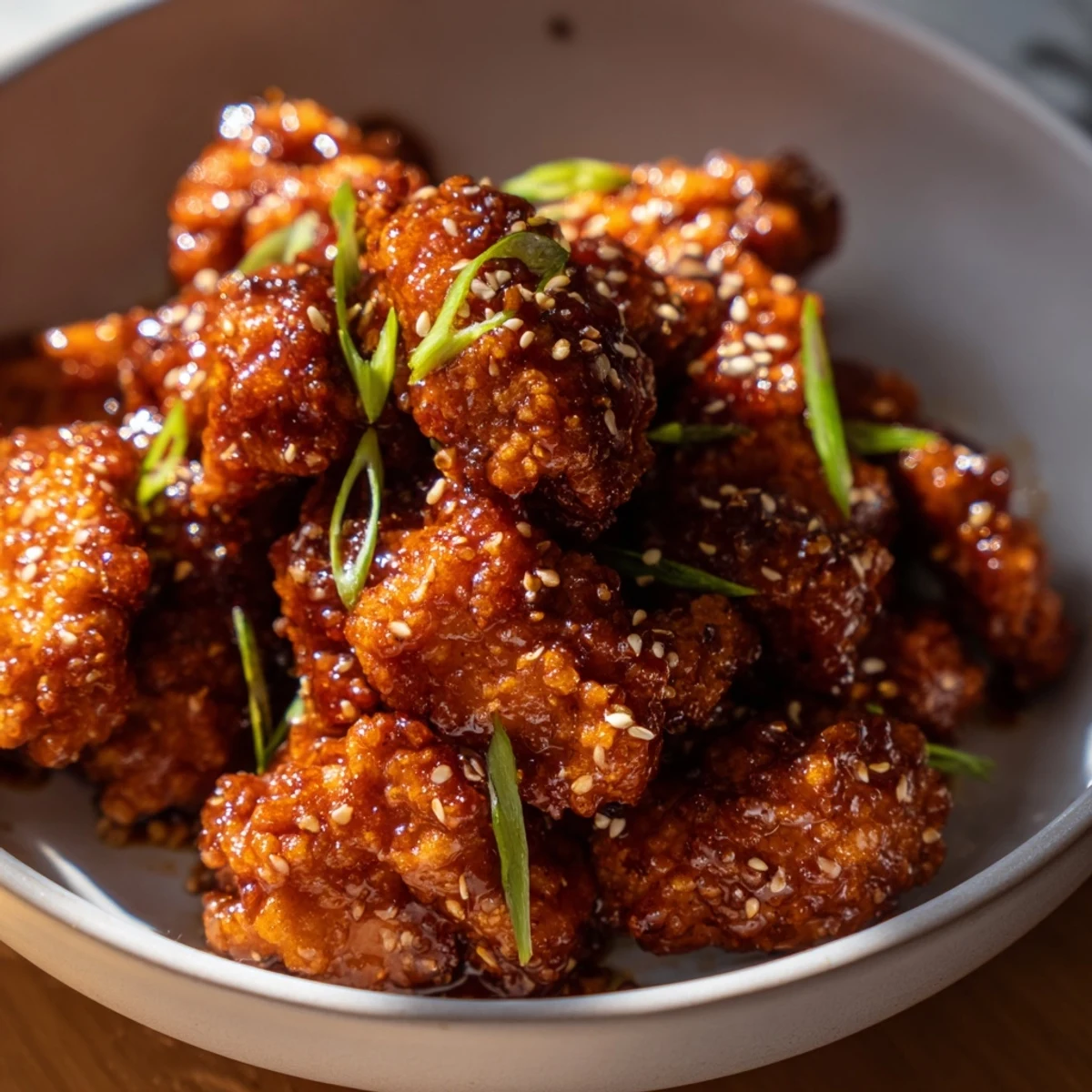 Golden, crispy, and glazed Crispy Honey-Chili Chicken Wings ready, served with sesame seeds and green onions.