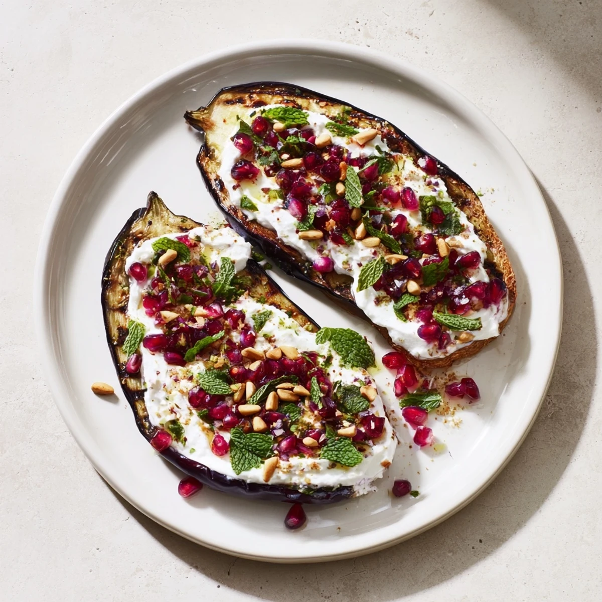 Roasted Eggplant with pomegranate offers a beautiful color contrast with creamy yogurt and fresh herbs.