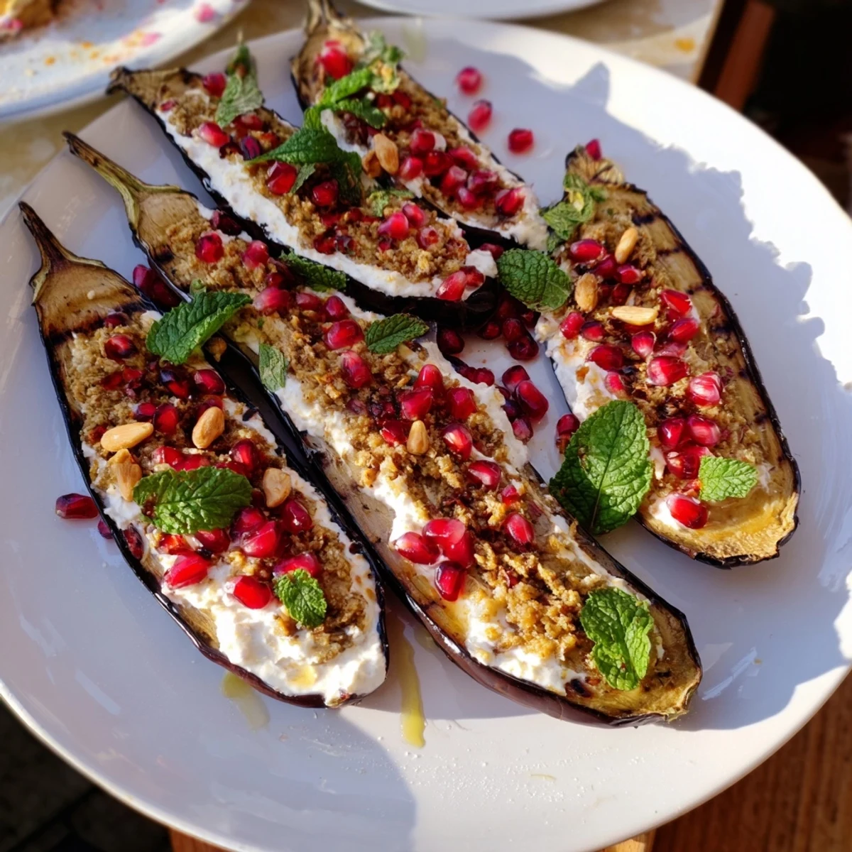 Vibrant Roasted Eggplant dish showcases tender eggplant slices topped with a tangy yogurt sauce and pomegranate seeds.