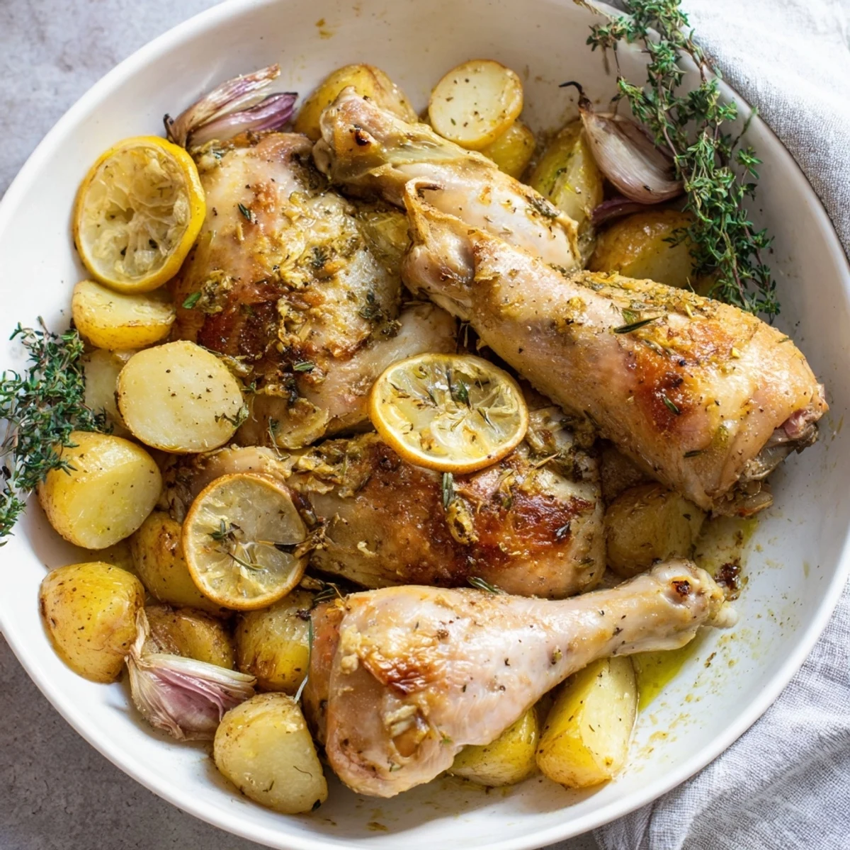 Golden-brown One-Dish Baked Chicken Thighs with Lemon and thyme, served with roasted potatoes, offering a complete, savory meal.