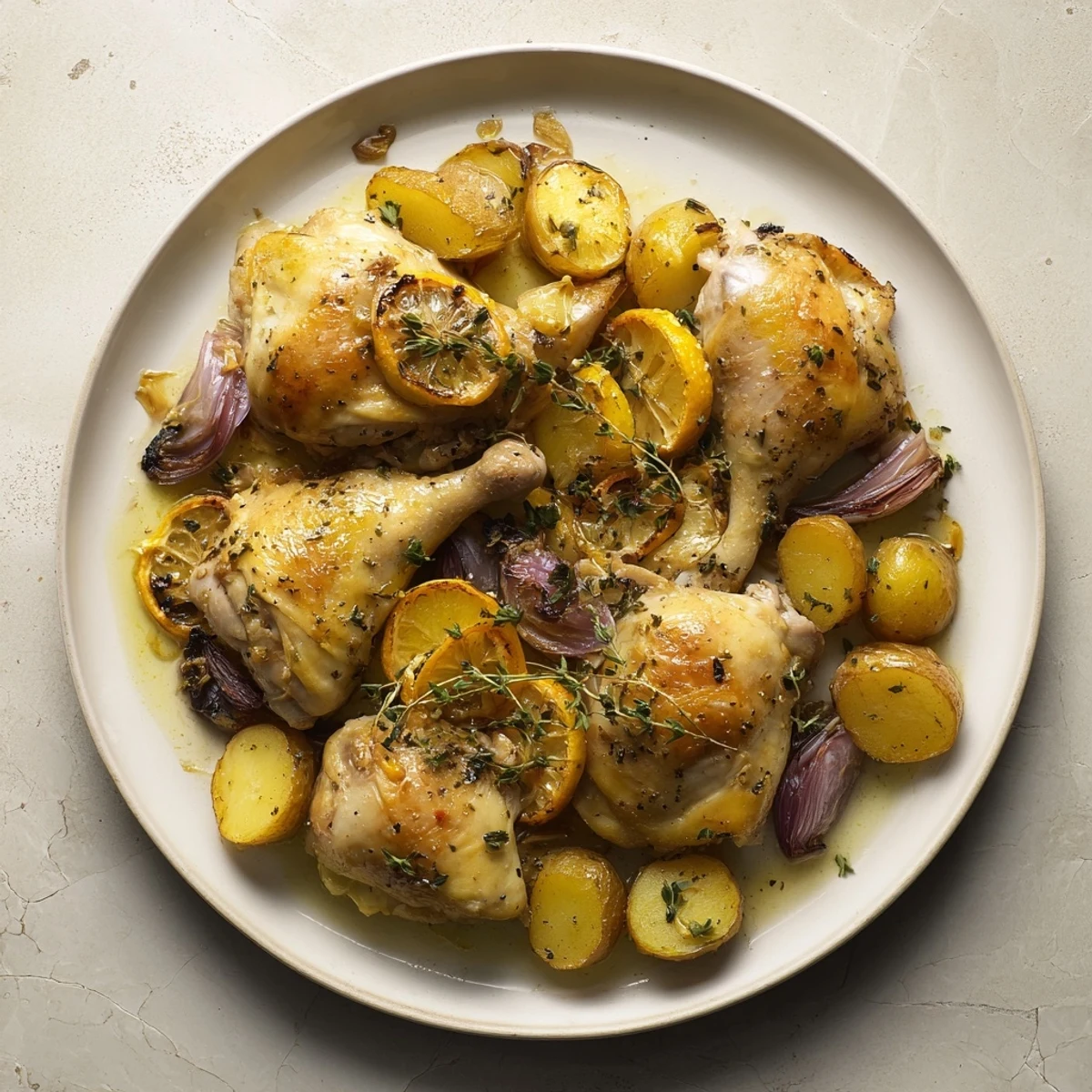 Image of a baking dish full of flavorful One-Dish Baked Chicken Thighs, perfectly roasted with lemon, garlic, and onions.