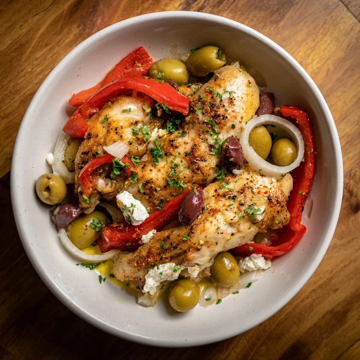 Juicy Easy Sheet Pan Greek Chicken with colorful roasted bell peppers and a sprinkle of feta.