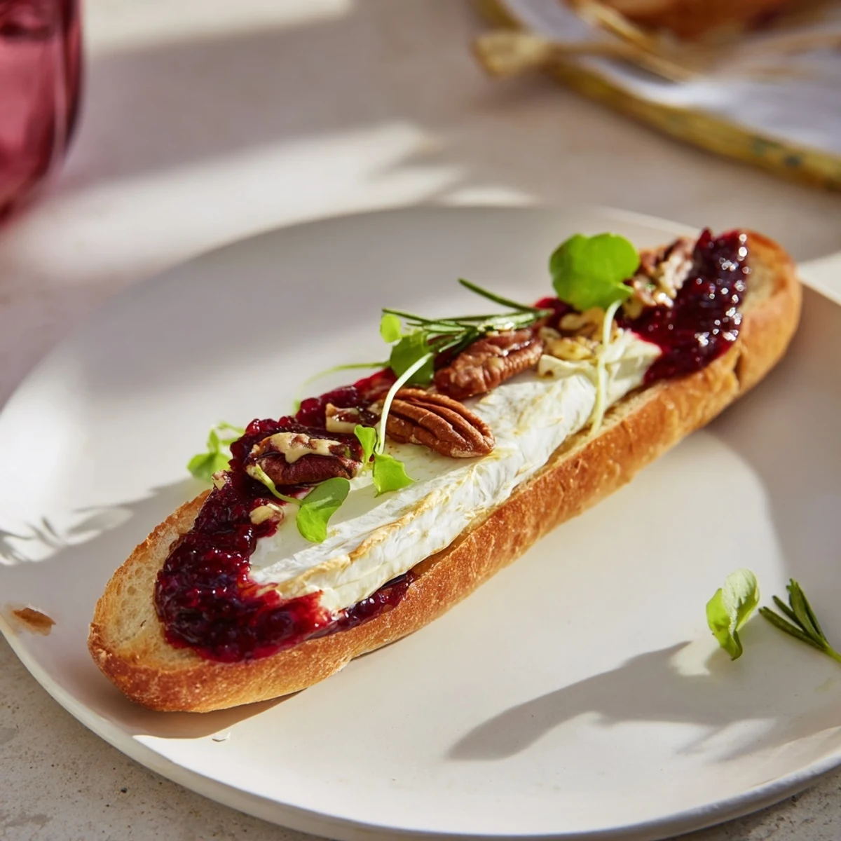 Close-up image shows Festive Holiday Cranberry and Brie Crostini appetizers, garnished and ready to serve beautifully.