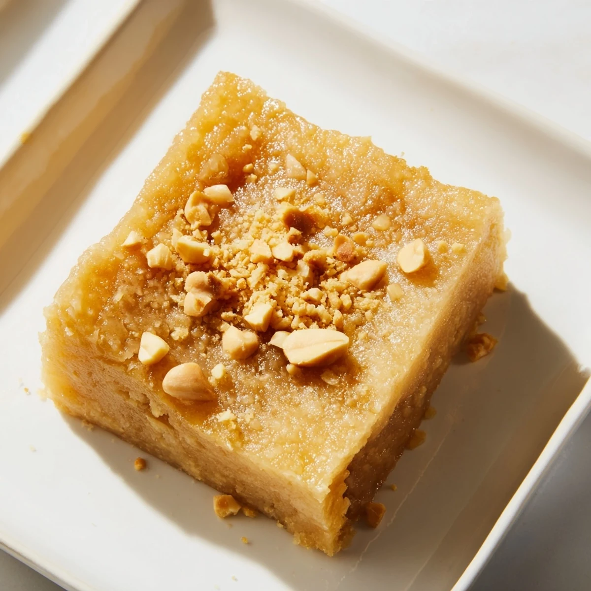 Warm, golden-brown Peanut Butter Mochi Cake, picture the delightful, chewy texture and rich flavor.