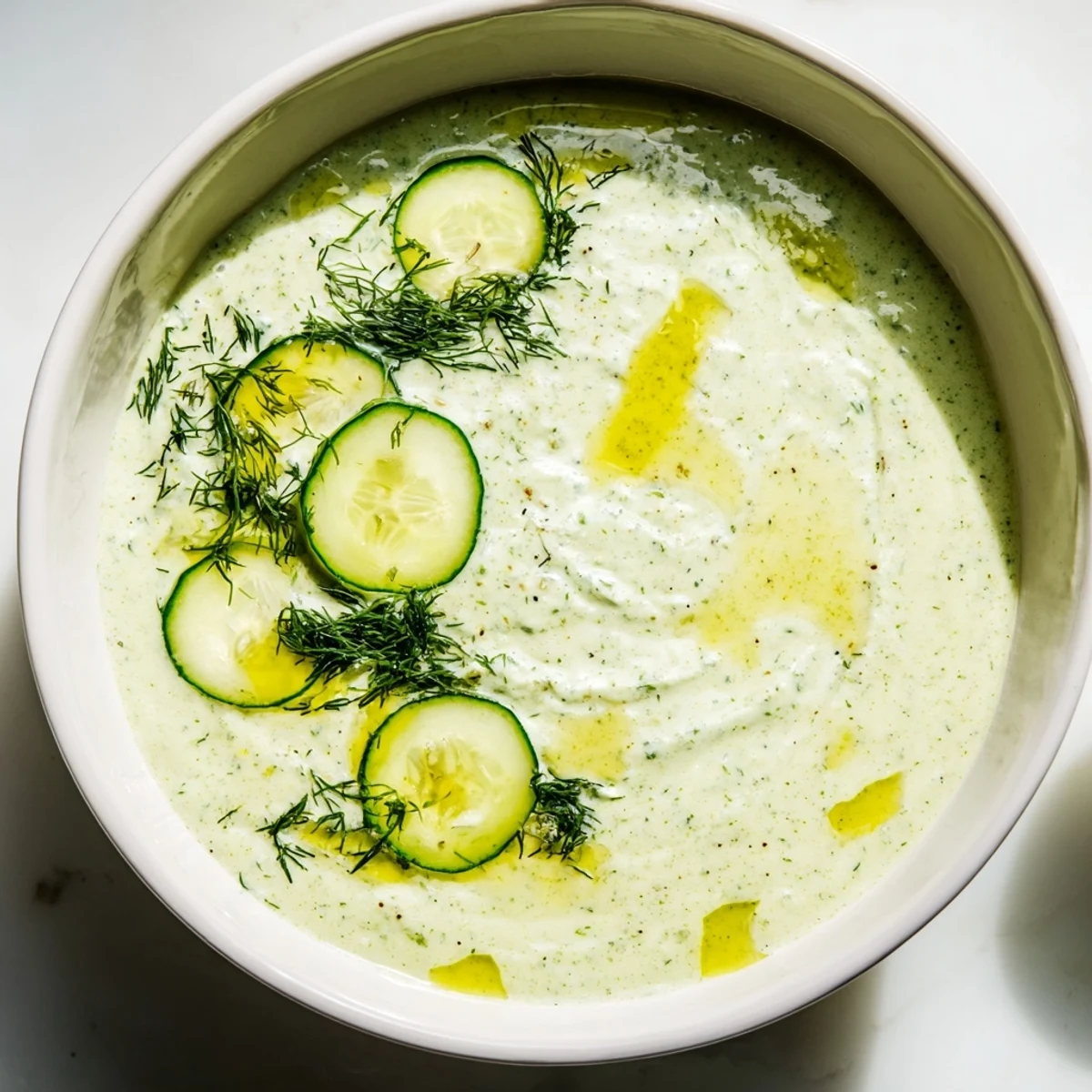 Creamy Chilled Cucumber Garlic Soup, garnished with fresh dill and cucumber slices, ready to enjoy.