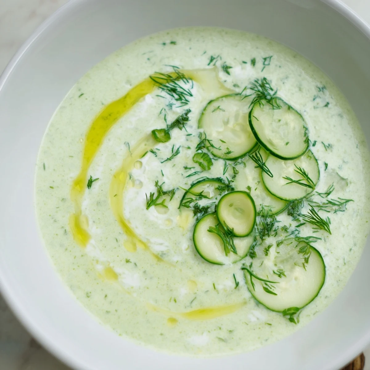 A vibrant bowl of Chilled Cucumber Garlic Soup, a refreshing, cold taste of Mediterranean cuisine.