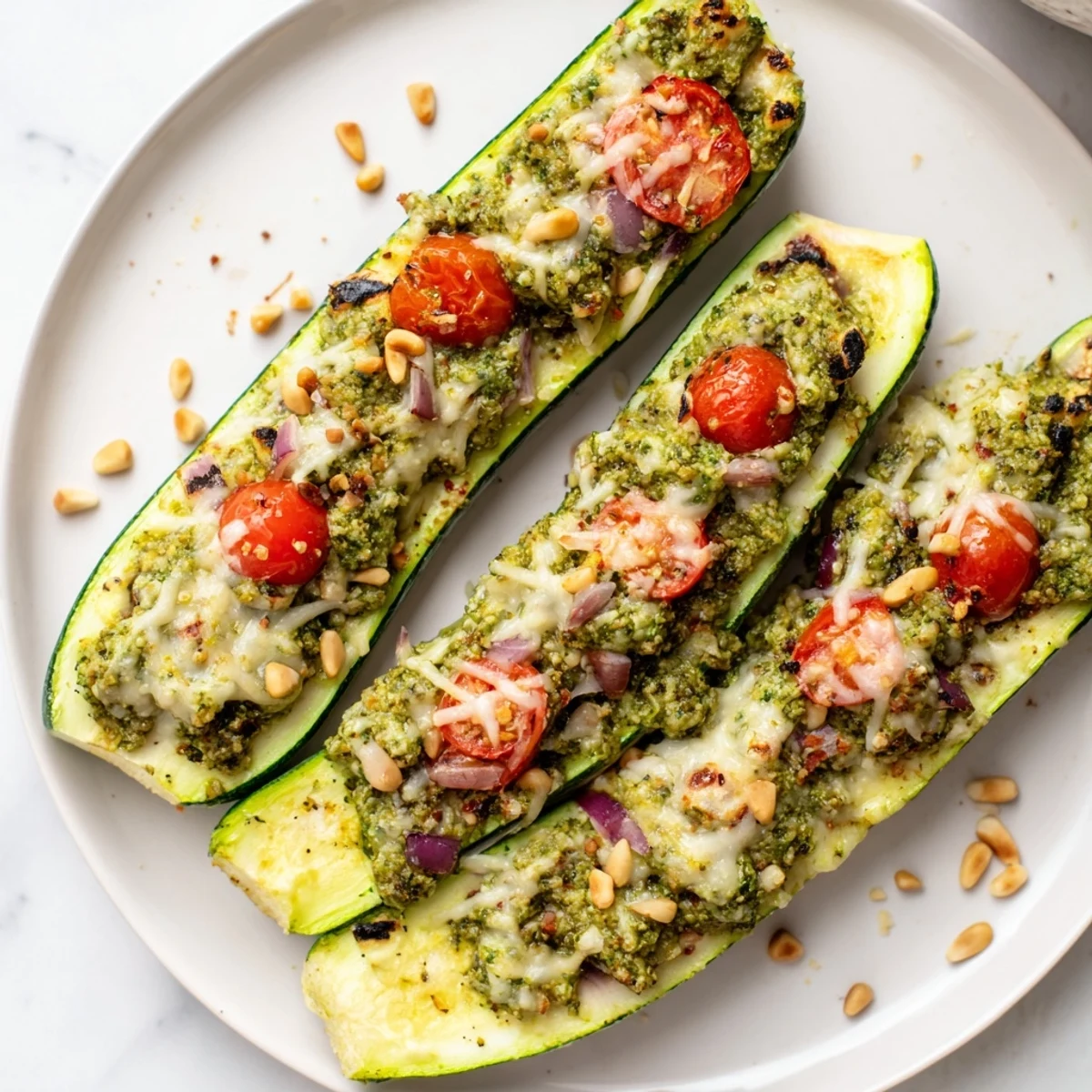 Golden, bubbly, and cheesy pesto zucchini boats, a delightful vegetarian meal, ready to serve and enjoy.