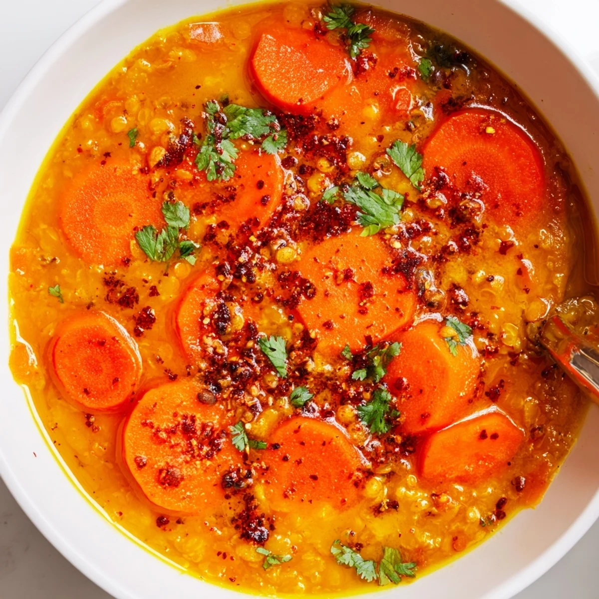 Hearty bowl of Spiced Carrot Lentil Soup, garnished with cilantro, perfect for a warming meal.