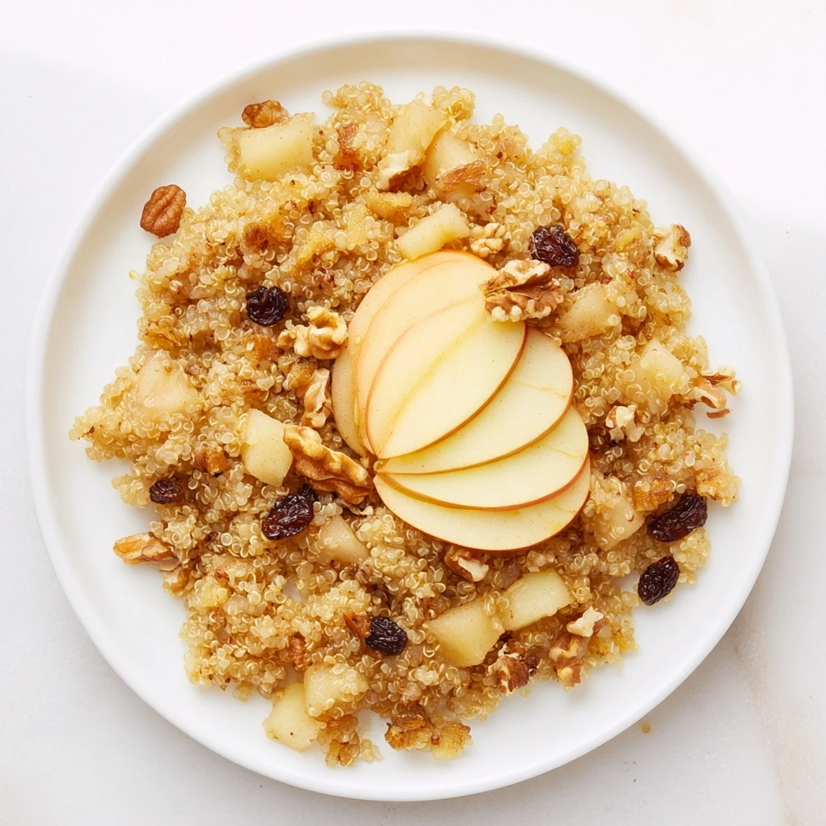 Delicious, warm apple cinnamon quinoa bowl, a healthy breakfast featuring tender apples and maple syrup.
