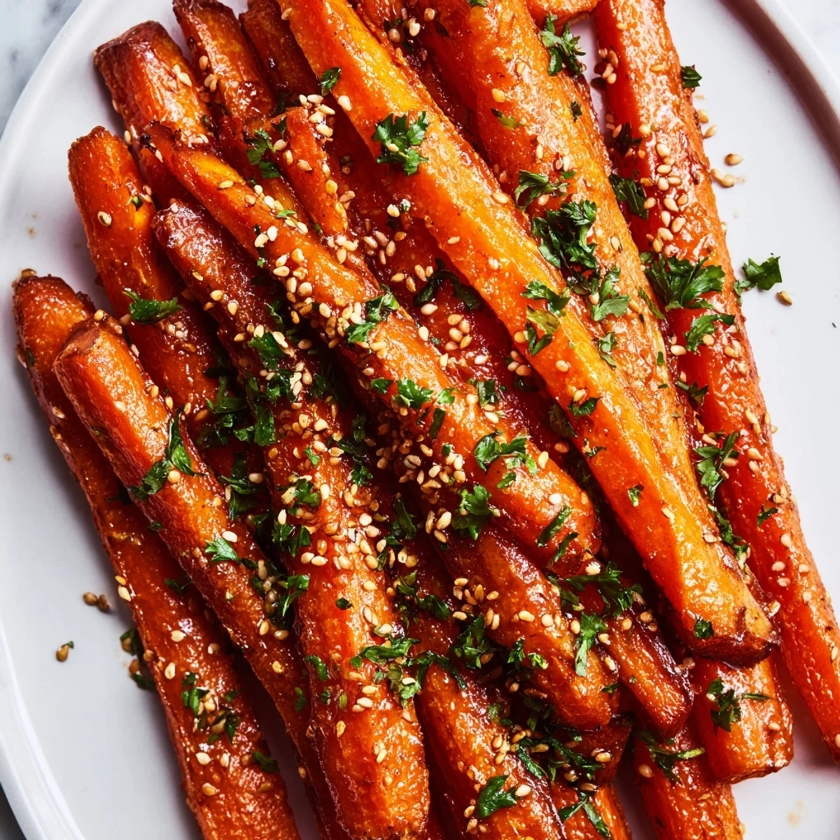 Golden-brown Maple Mustard Roasted Carrots arranged on a platter, offering a taste of sweet and savory.