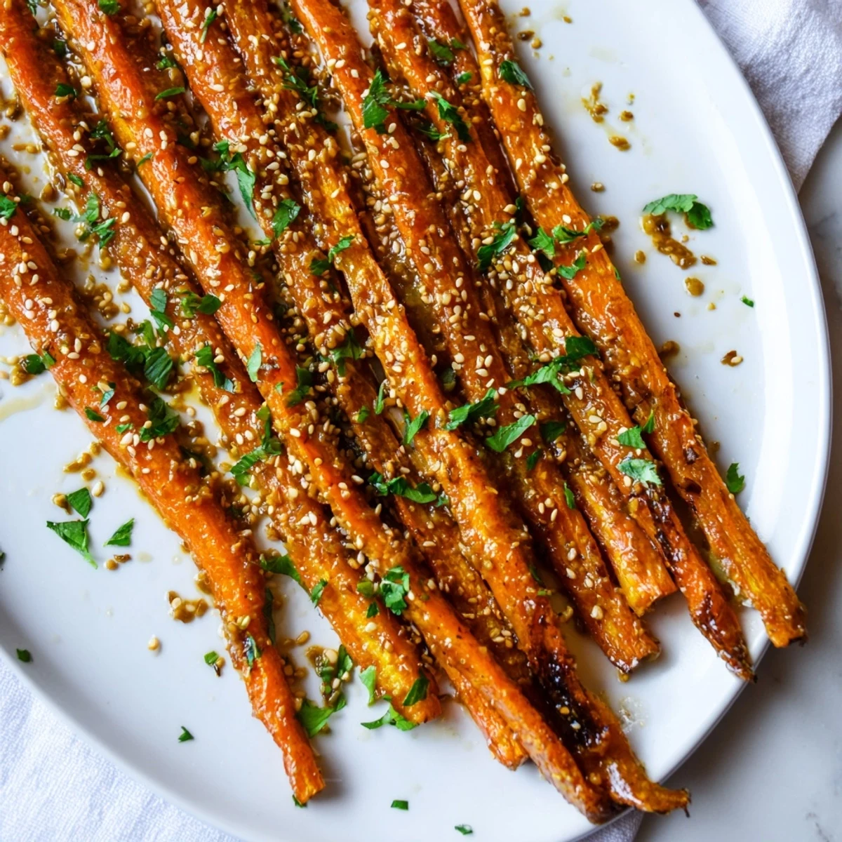 Maple Mustard Roasted Carrots glistening with a sweet glaze, ready to serve as a delicious side dish.