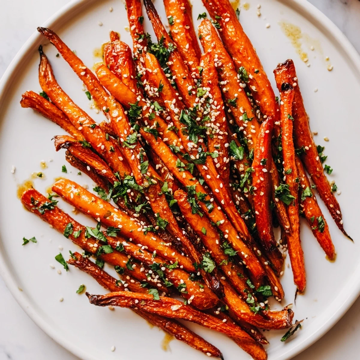Warm, tender Maple Mustard Roasted Carrots, showcasing the perfect caramelized edges from roasting in the oven.
