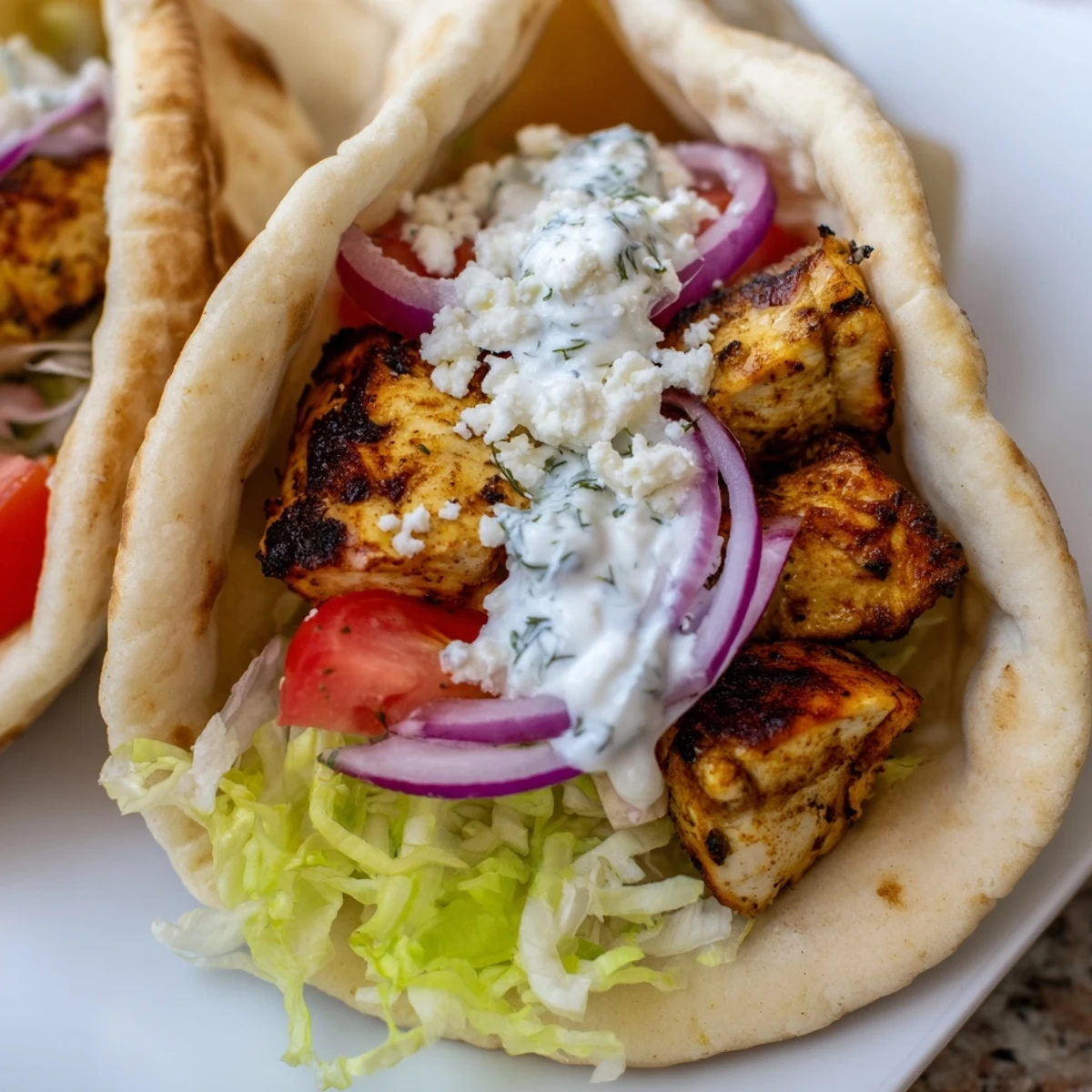Juicy, grilled Greek Chicken Souvlaki Wraps filled with fresh, crisp vegetables and creamy tzatziki.
