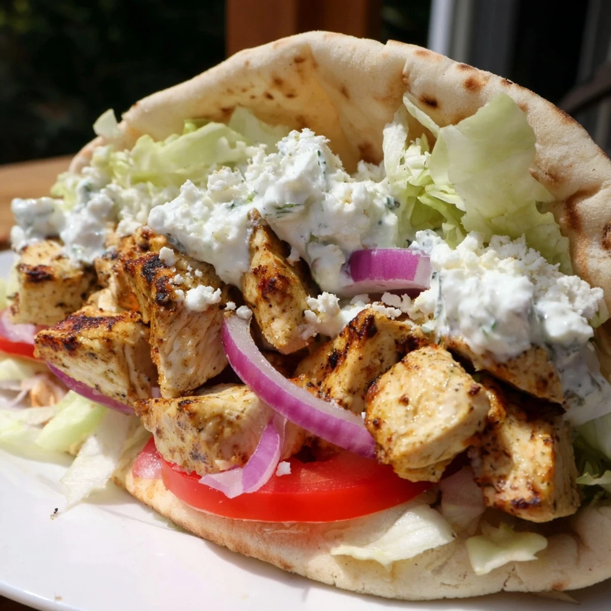 Warm pita bread wrapped around flavorful Greek Chicken Souvlaki, a delicious and easy lunch or dinner.