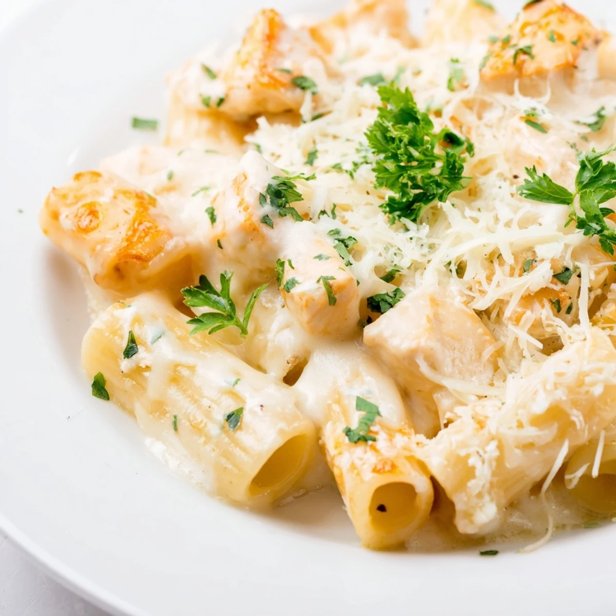 Golden, bubbly Chicken Alfredo Bake with melted cheese and creamy, inviting sauce.