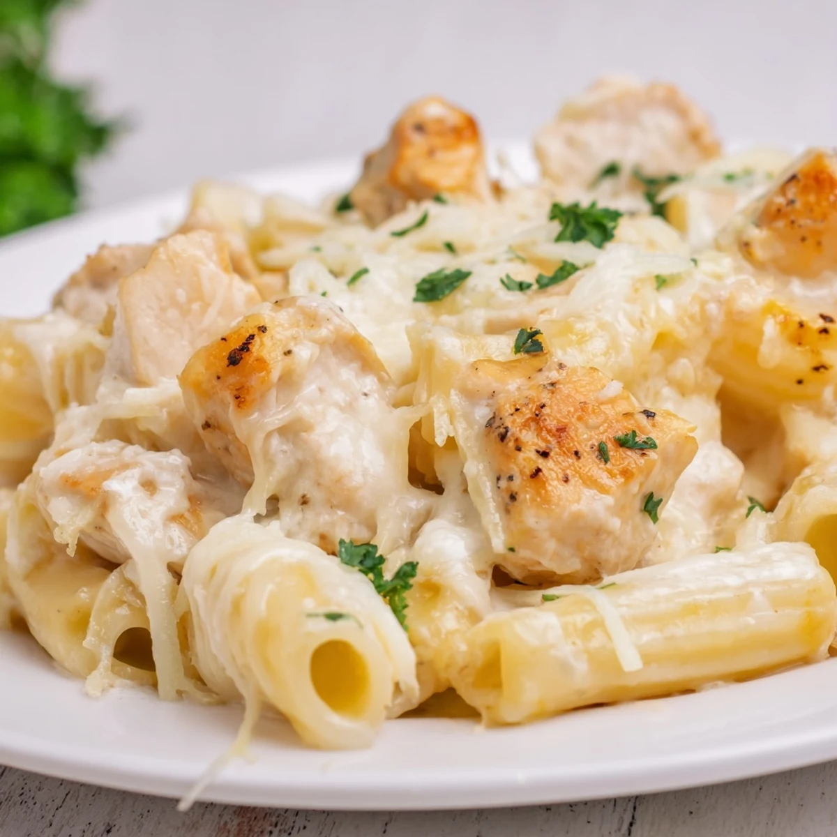 A close-up of a steaming Chicken Alfredo Bake, hinting at its comforting, rich flavors.