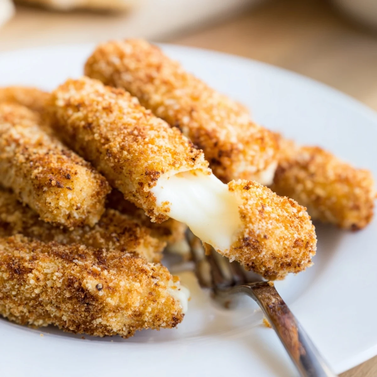 Golden and crispy air fryer mozzarella sticks, a perfect snack with melty cheese inside.