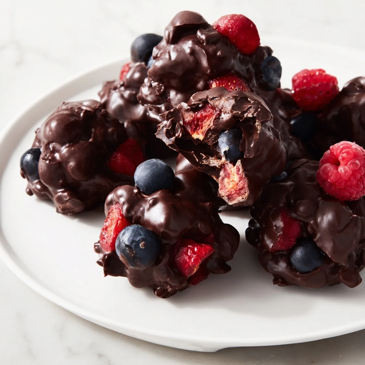 Sweet and refreshing chocolate yogurt clusters: a frozen, berry-studded dessert, perfectly coated in rich dark chocolate.