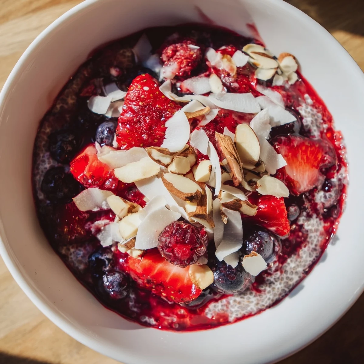 A close-up view of Berry Chia Pudding, thick and creamy, topped with a colorful array of fresh berries.