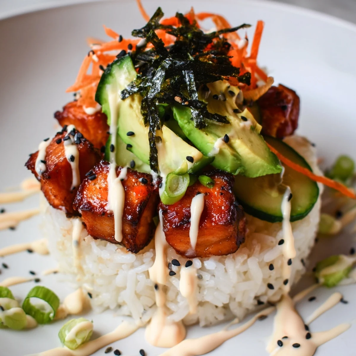 A close-up of a flavorful salmon bites bowl with colorful vegetables and creamy sauce, ready to eat.