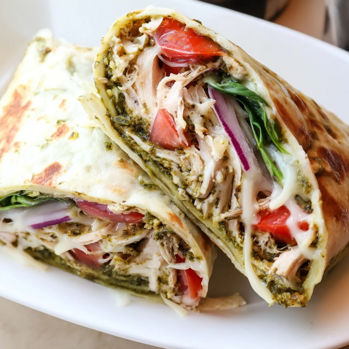 Pesto Chicken Wrap, filled with savory chicken, creamy cheese, and fresh, colorful vegetables.