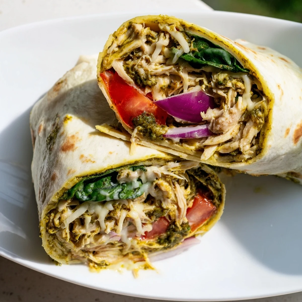 Delicious pesto chicken wrap, showing a cross-section of the ingredients' textures and flavors.