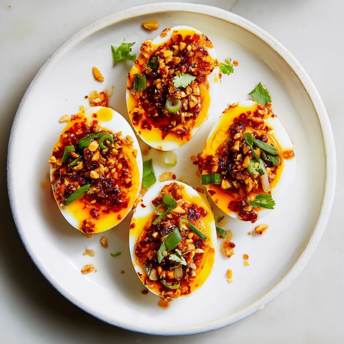 Savory Chili Oil Eggs, topped with sesame seeds and green onions, offering a delicious, visually enticing breakfast.