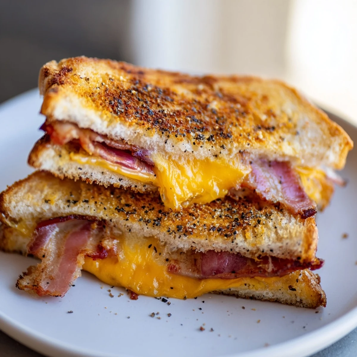 Crispy bacon cheddar grilled cheese oozes melted cheese and crispy bacon between golden sourdough.