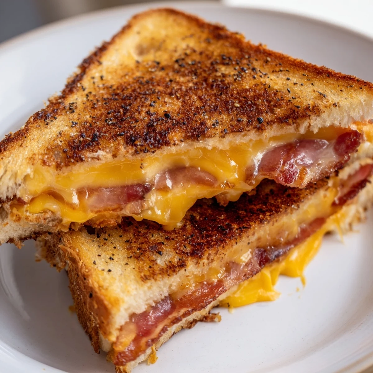 A close-up of a perfectly cooked crispy bacon cheddar grilled cheese, ready to eat.