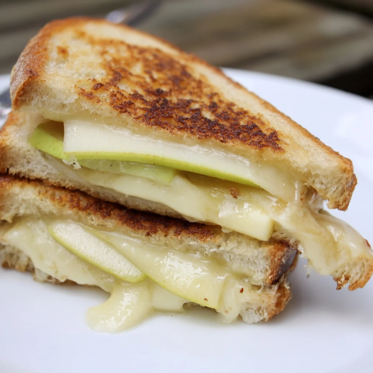 Golden Brie and Apple Grilled Cheese, featuring melted cheese and sweet apple slices, promises a delicious bite.