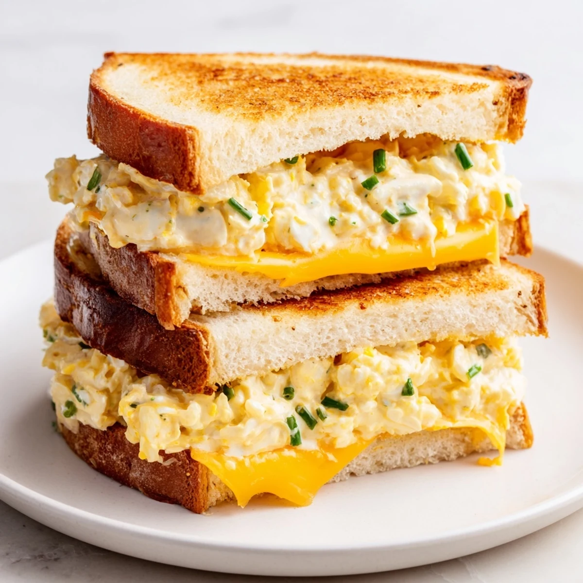 Golden, gooey Egg Salad Grilled Cheese sandwich, a satisfying lunch with melty cheddar cheese and creamy egg salad.