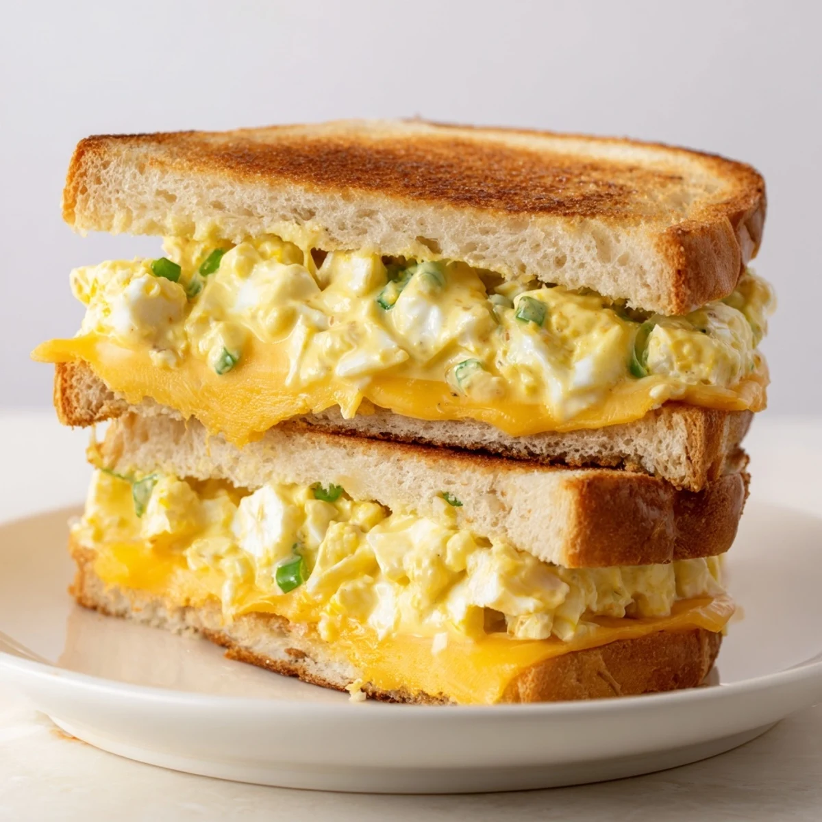 Homemade Egg Salad Grilled Cheese offers a comforting taste; buttery bread, cheese, and flavorful egg salad inside.