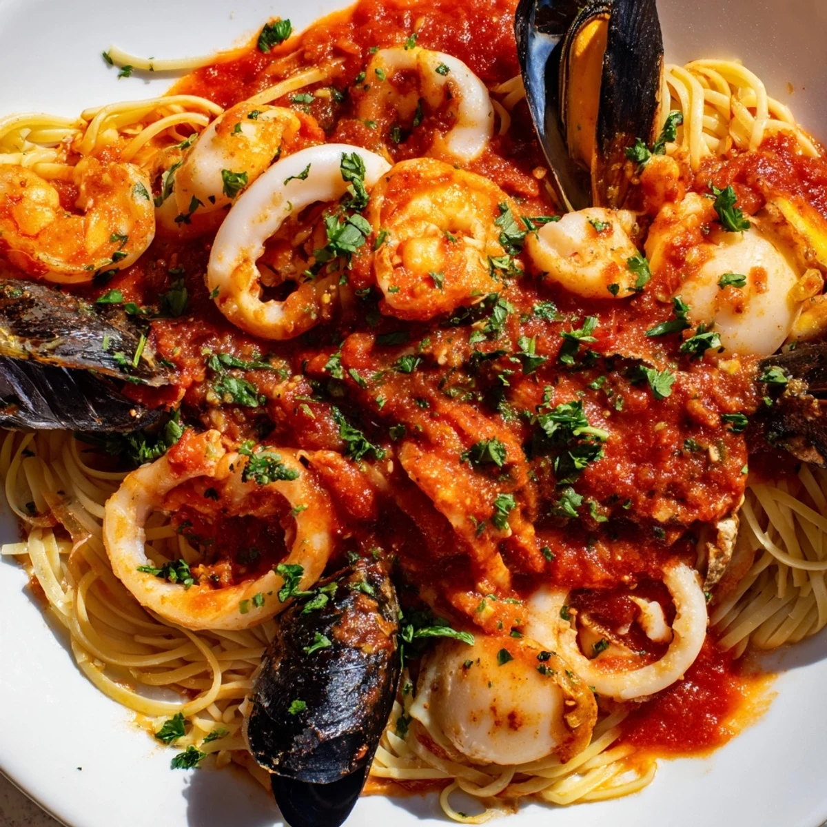 Steaming Seafood Marinara Pasta, a flavorful Italian dish with shrimp, mussels, and scallops in a rich tomato sauce.