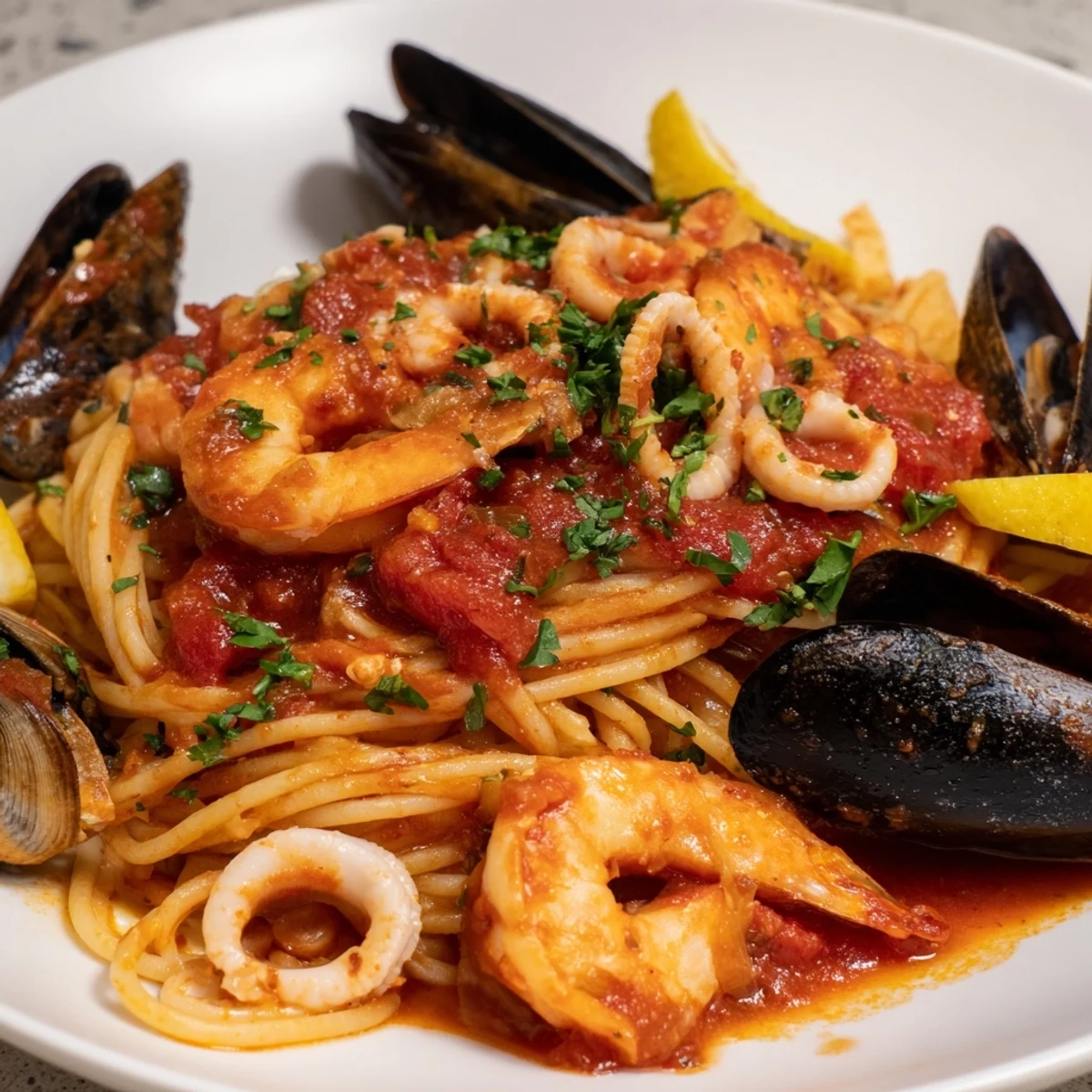 Bright red Seafood Marinara Pasta, glistening with olive oil and topped with fresh parsley for a delightful dinner.